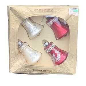 VTG Victoria Christmas Ornaments 1983 USA Glass Bells 4pc Red White Glitter